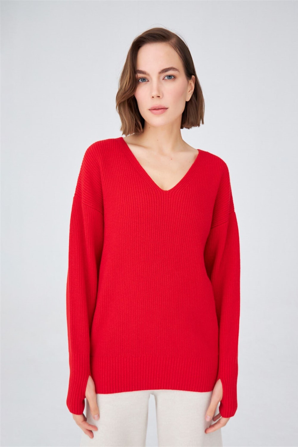 Peraluna-V Yaka Bol Kesim Kaşmir Karışım Kadın Triko Kazak-Kazak & Triko-2-roqelvaxirum.shop