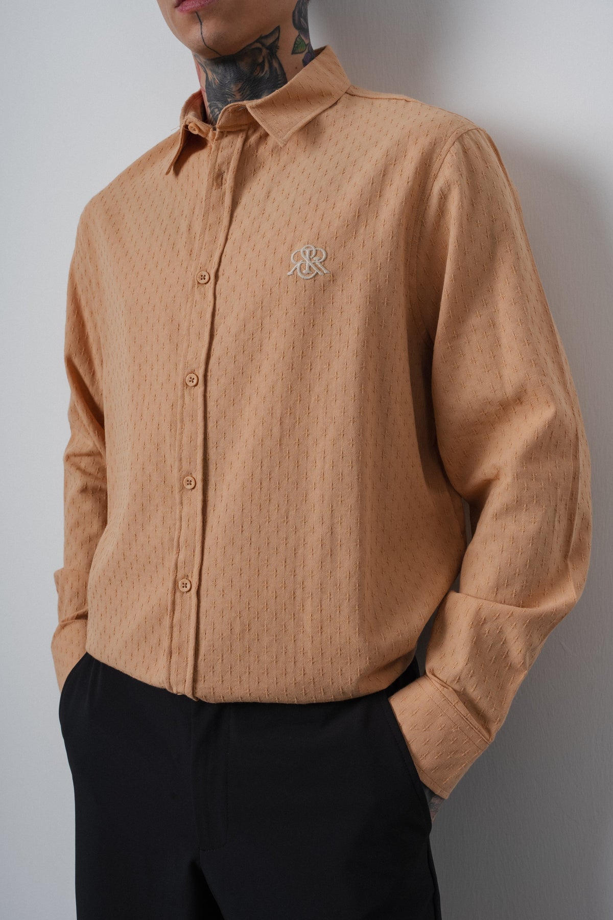 Erkek Star Nakışlı Uzun Kollu Oversize Gömlek Camel
