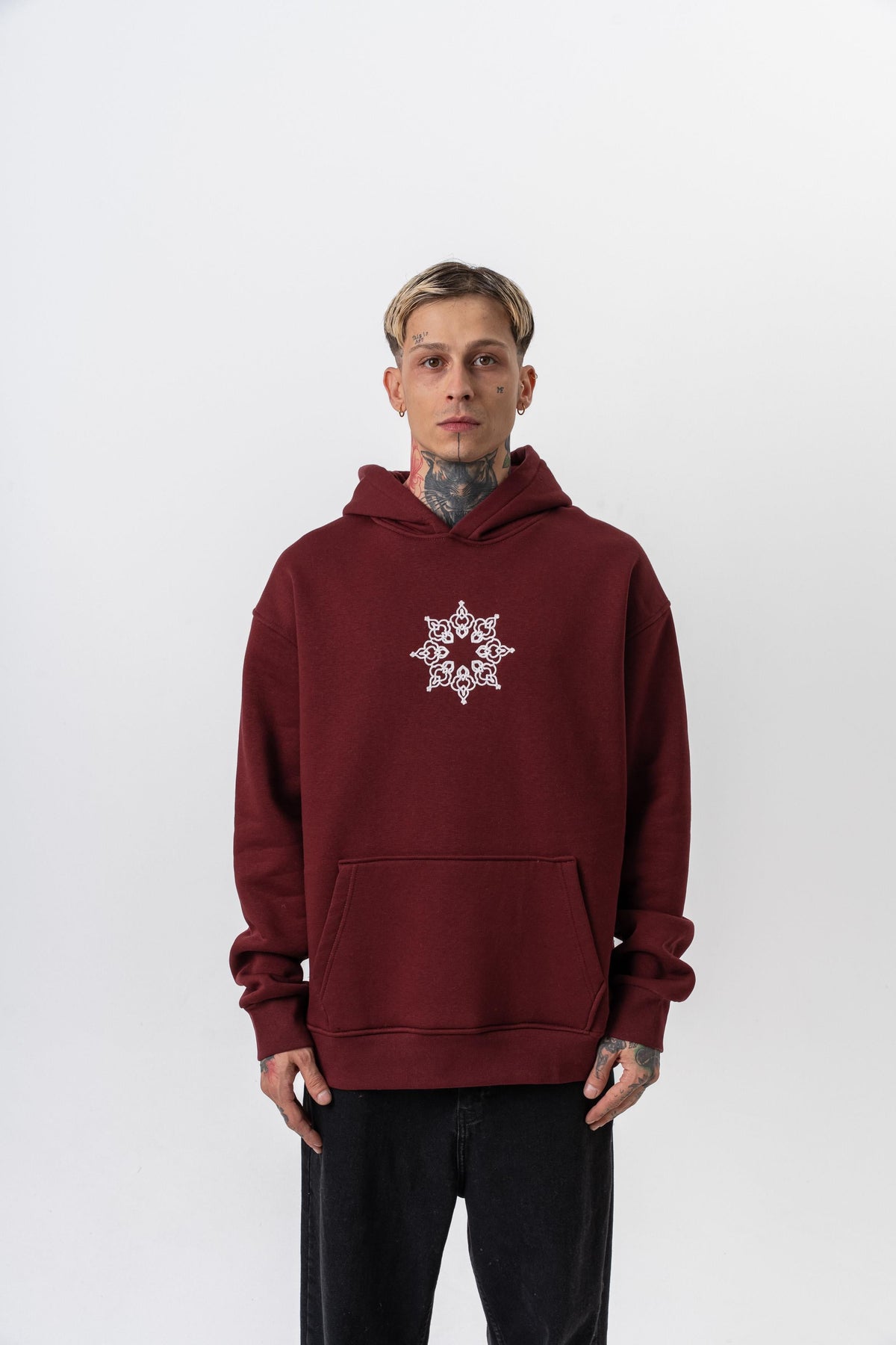 Erkek Itsbyzey Nakışlı Kapüşonlu Oversize Hoodie Bordo