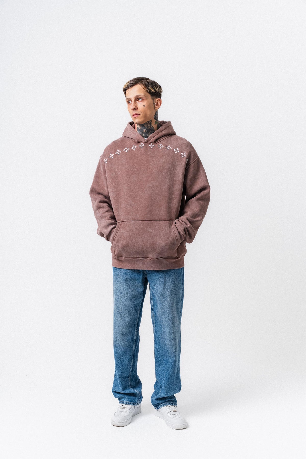 Erkek Muse Baskılı Yıkamalı Kapüşonlu Oversize Hoodie Kakao