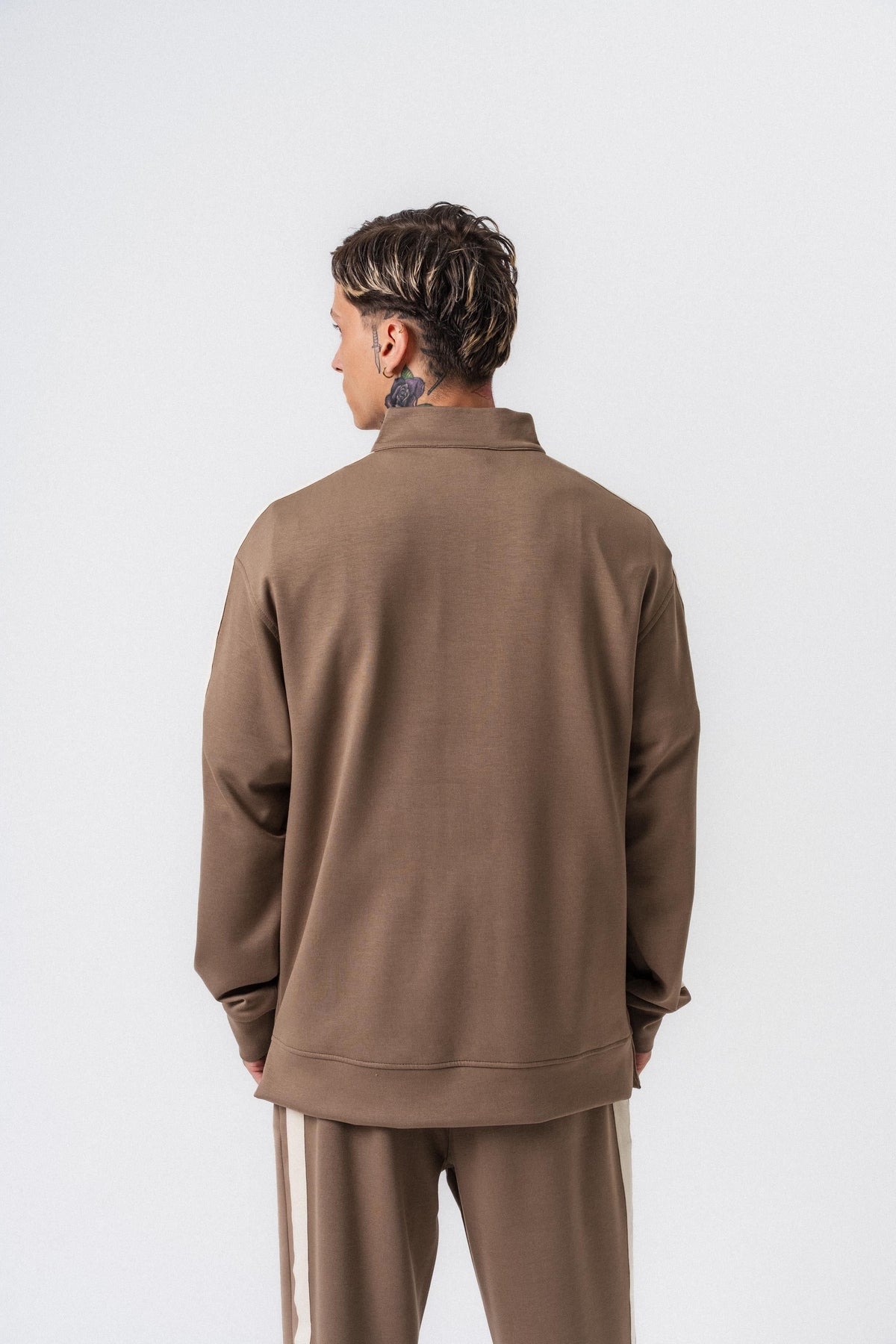 Erkek Şerit Detaylı Yarım Fermuarlı Modal Sweatshirt Vizon