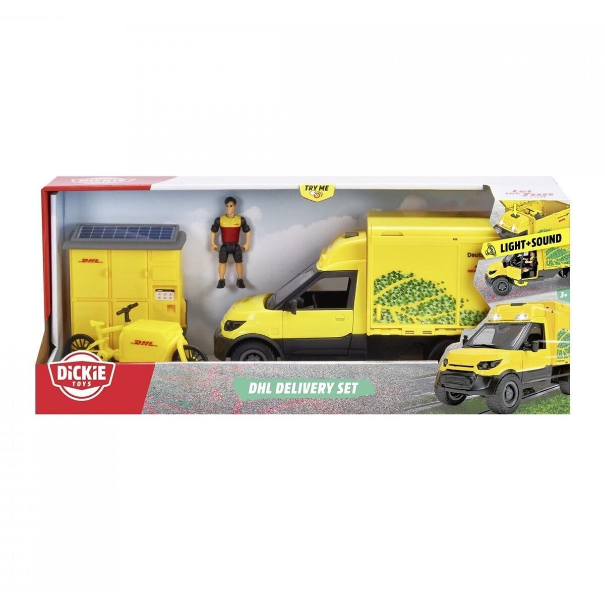 203747020 Dickie Dhl Delivery Set Freewheel Delivery Vehicle Packaging Statio