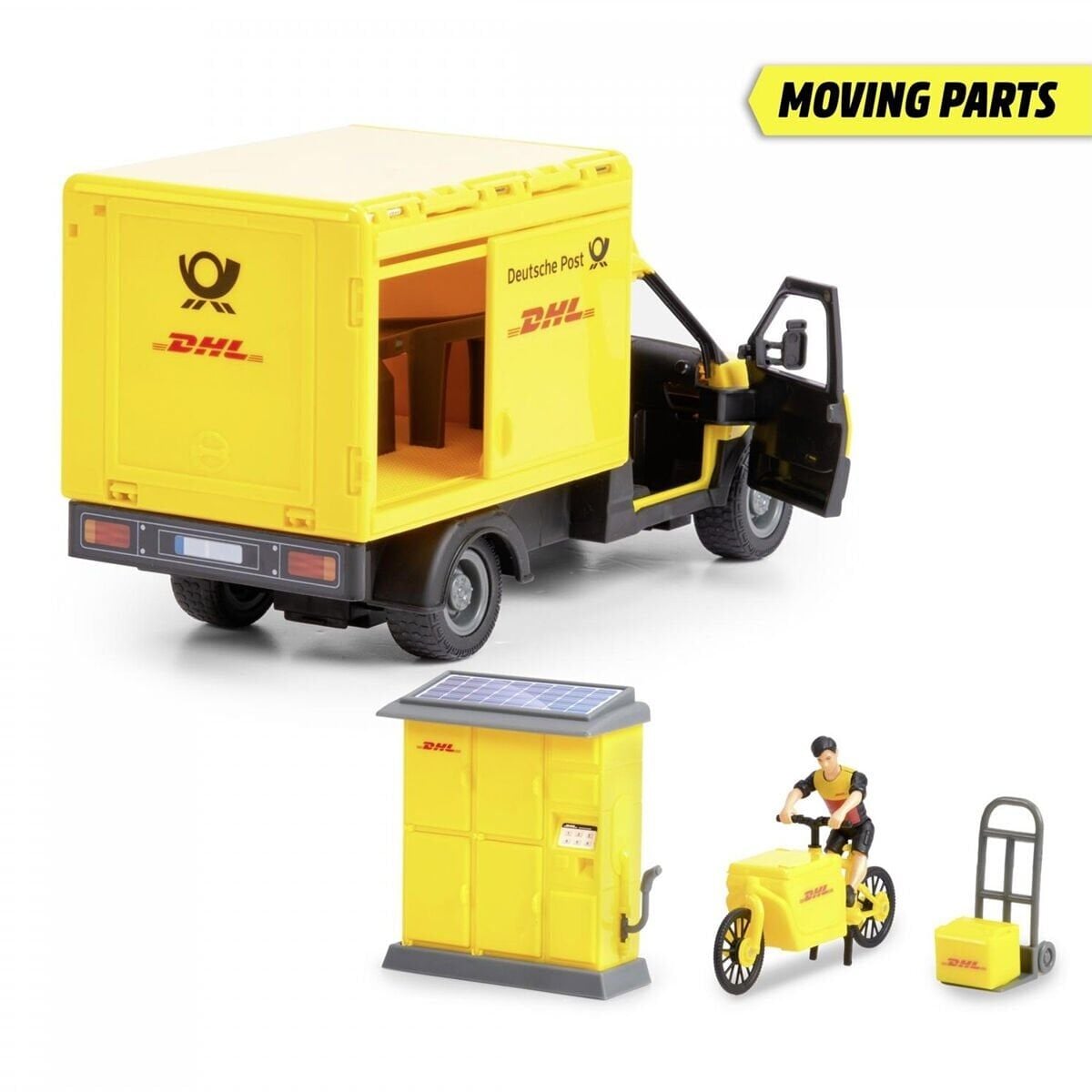 203747020 Dickie Dhl Delivery Set Freewheel Delivery Vehicle Packaging Statio