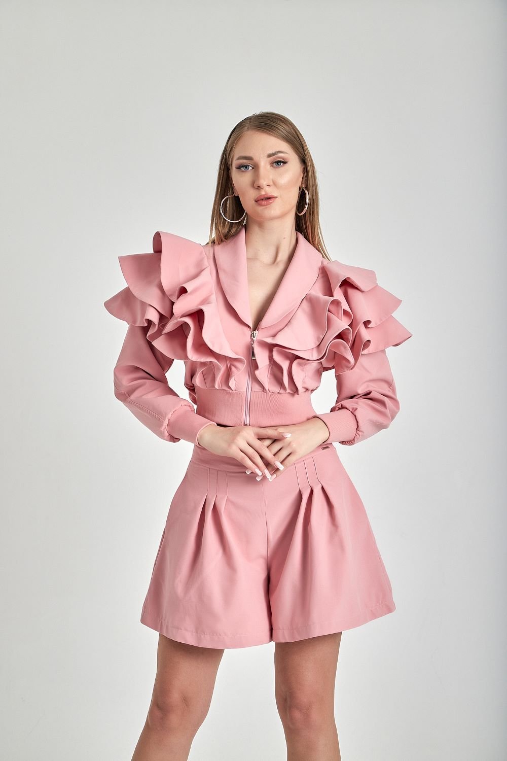 Zeynep Kaya-Geniş Paçalı Ribana Detay Pembe Şort-Şort-3-roqelvaxirum.shop