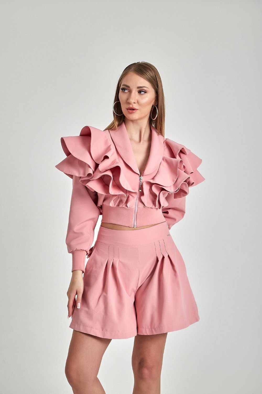 Zeynep Kaya-Geniş Paçalı Ribana Detay Pembe Şort-Şort-4-roqelvaxirum.shop