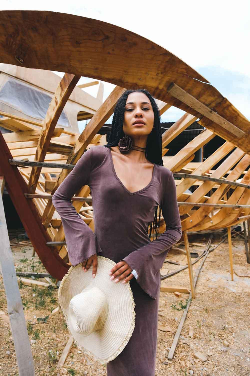 Kahshan-Goddess Brown Maxi Bamboo Dress-Elbise-2-roqelvaxirum.shop