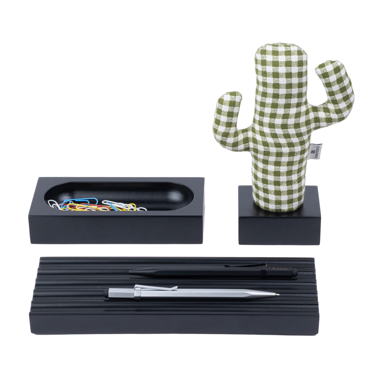 Kayigo-Siyah Woody Yeşil Pöti Kareli Cactus üçlü Set-Masaüstü Organizer-1-roqelvaxirum.shop