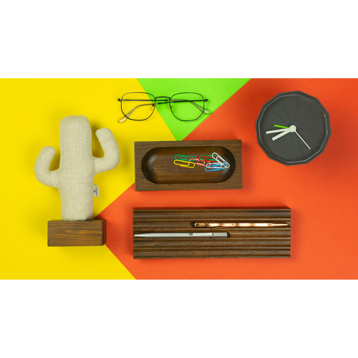 Kayigo-Woody Koyu Kahverengi Ahşap üçlü Ofis Seti Bej Kaktüs-Masaüstü Organizer-2-roqelvaxirum.shop