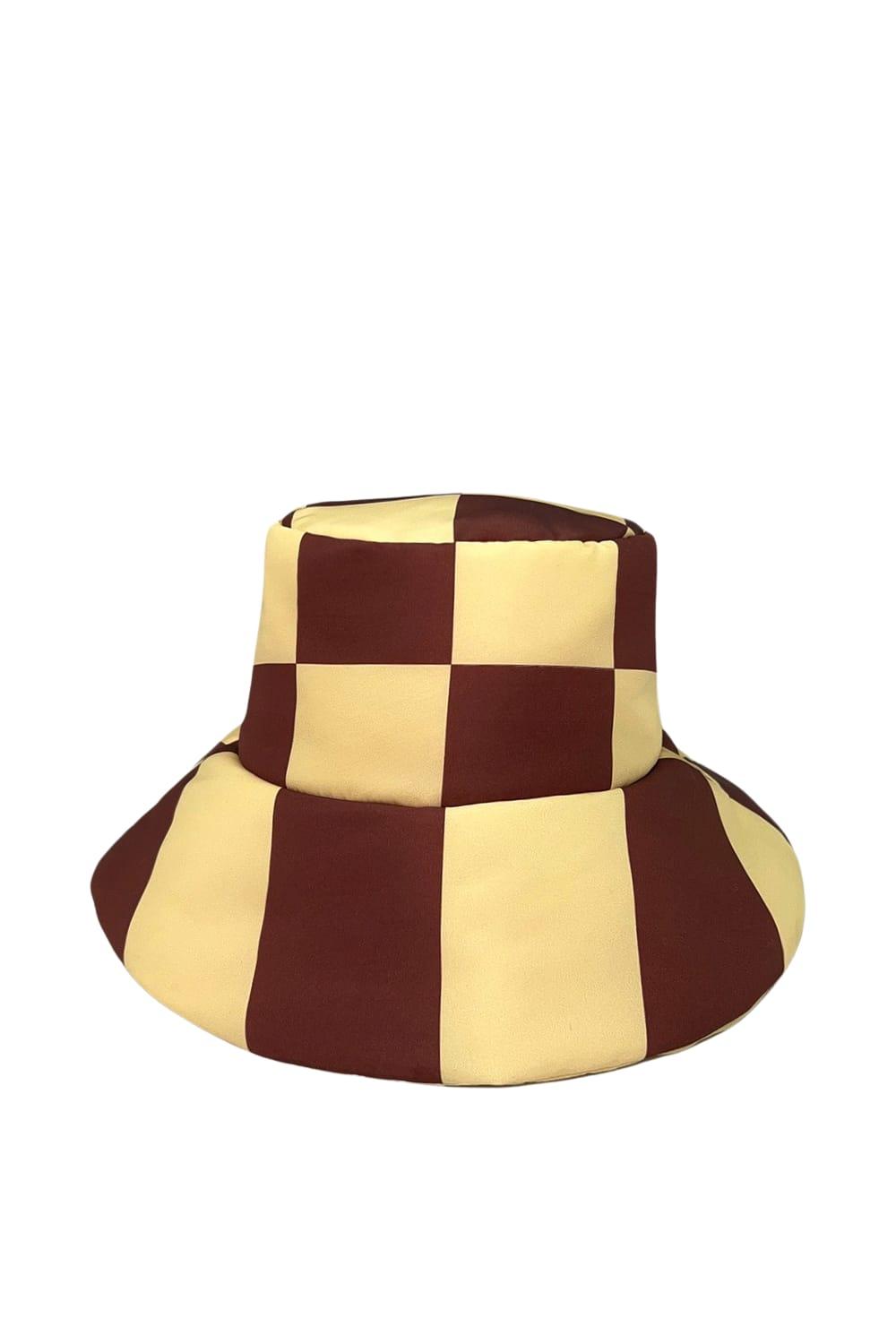 Wayt-Cosmic Distortion Kahve & Sarı Dama Desenli Şişme Şapka-Bucket Hat-1-roqelvaxirum.shop