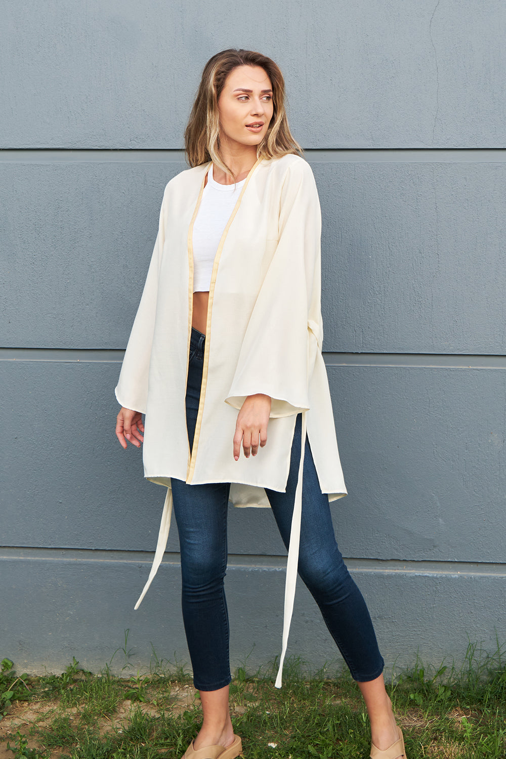 Oversize İpek Mint Gül Nakışlı Kimono - 3