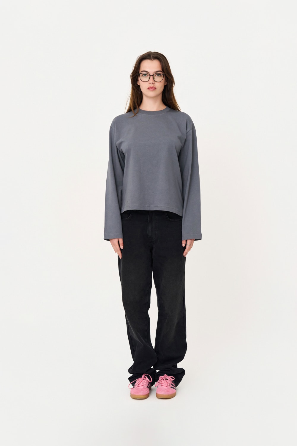 Uzun Kollu Nakışlı Oversize Gri T-Shirt - 3