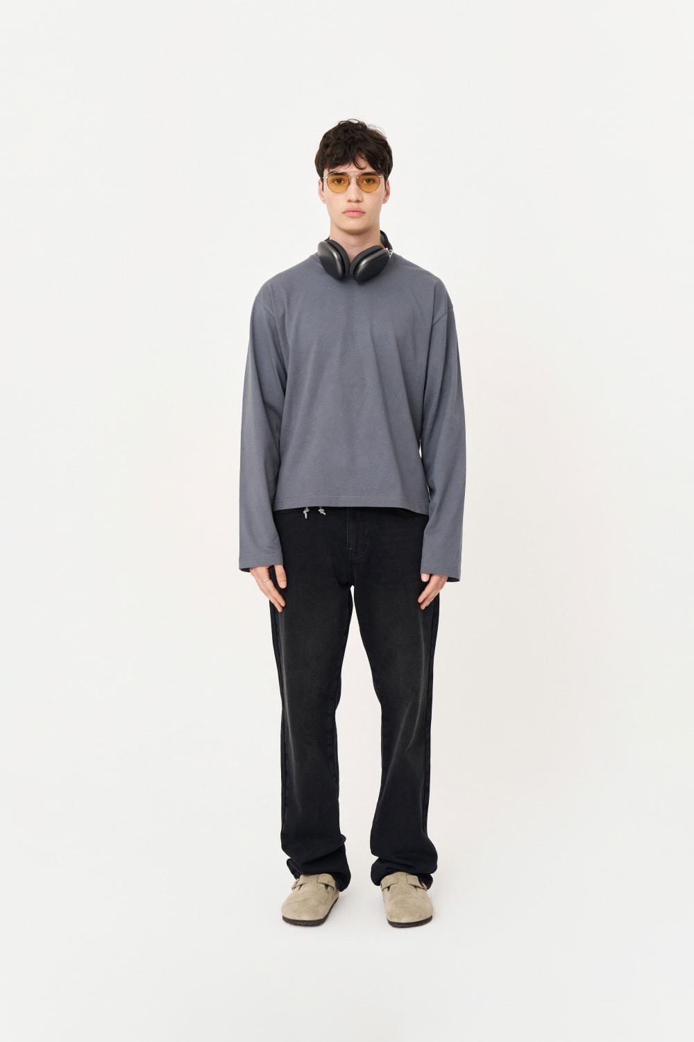 Uzun Kollu Nakışlı Oversize Gri T-Shirt - 5