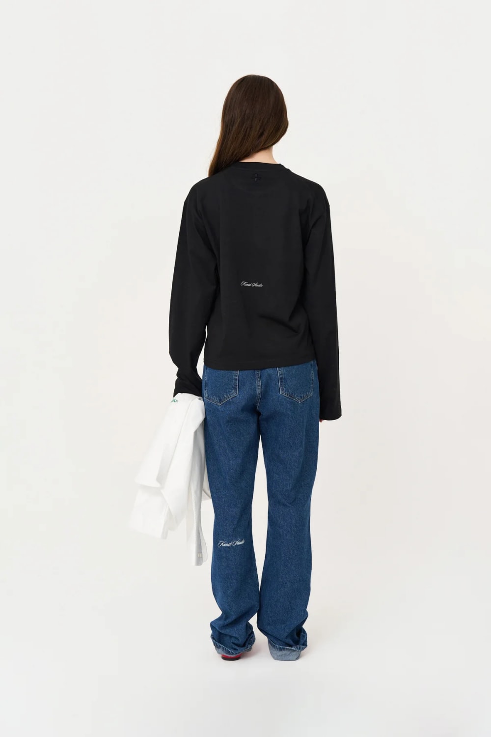Uzun Kollu Nakışlı Oversize Siyah T-Shirt - 4