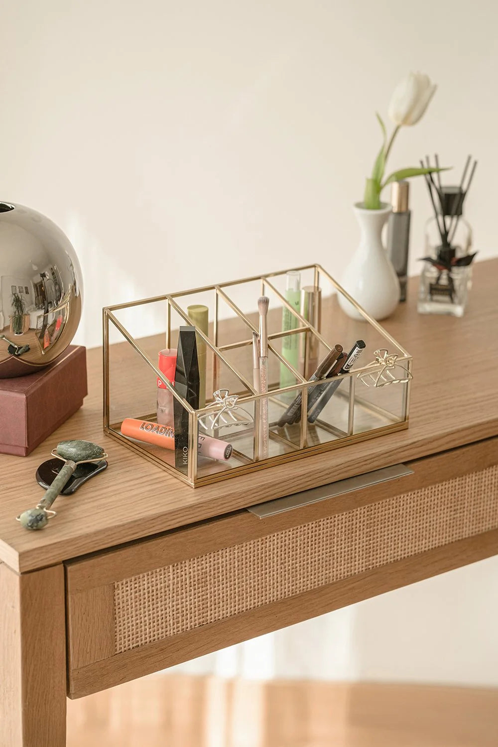 Pirinç Gold Cam Makyaj Takı Aksesuar Parfüm Fırçalık Organizer Kutusu 25x15x12cm - 7
