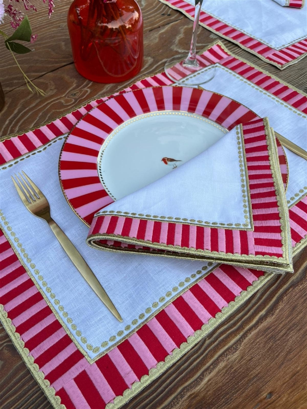 Dekoratif Candy Pembe Damalı Keten Servis Peçetesi - 2 Adet - 0