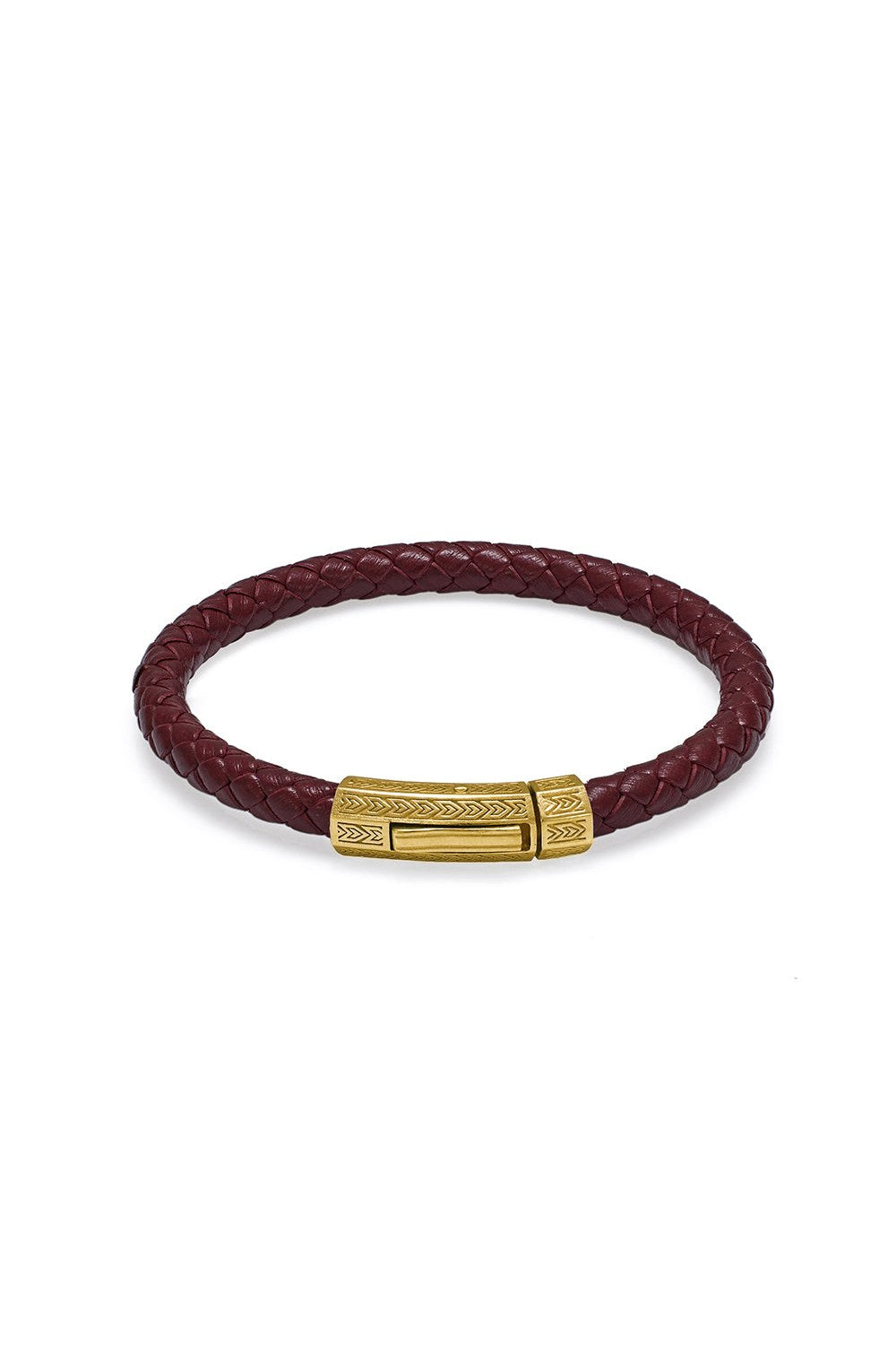 Sekizgen Kilitli Kalın Deri Bileklik, Bordo - Gold - 0