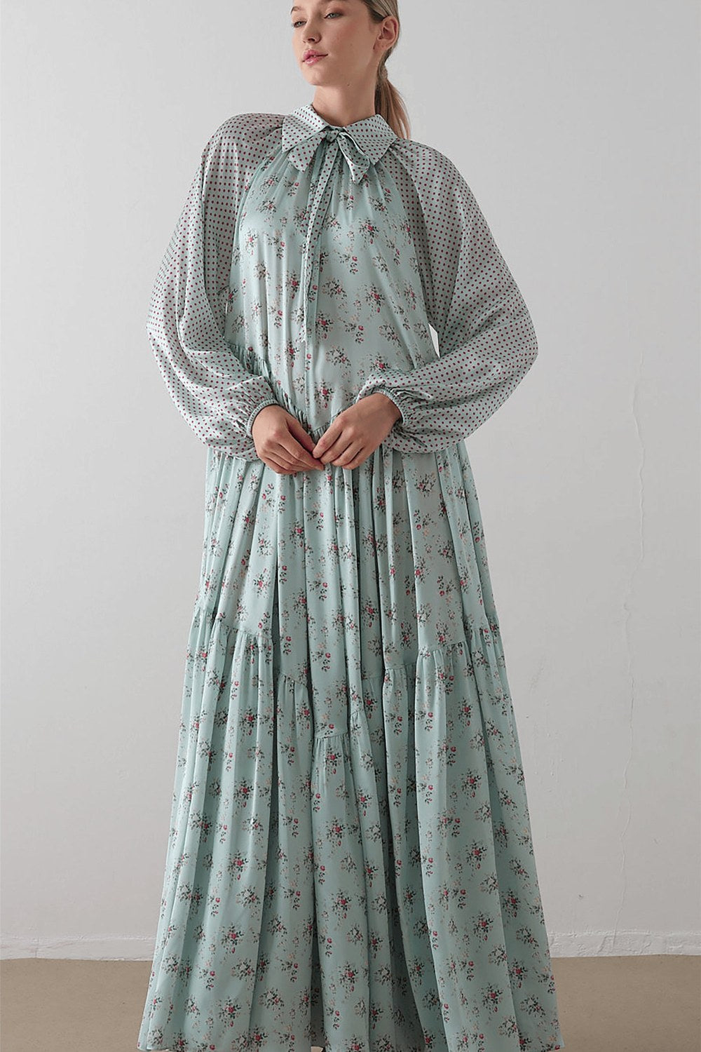 Mint Puantiye Desenli Şifon Saten Elbise - 3