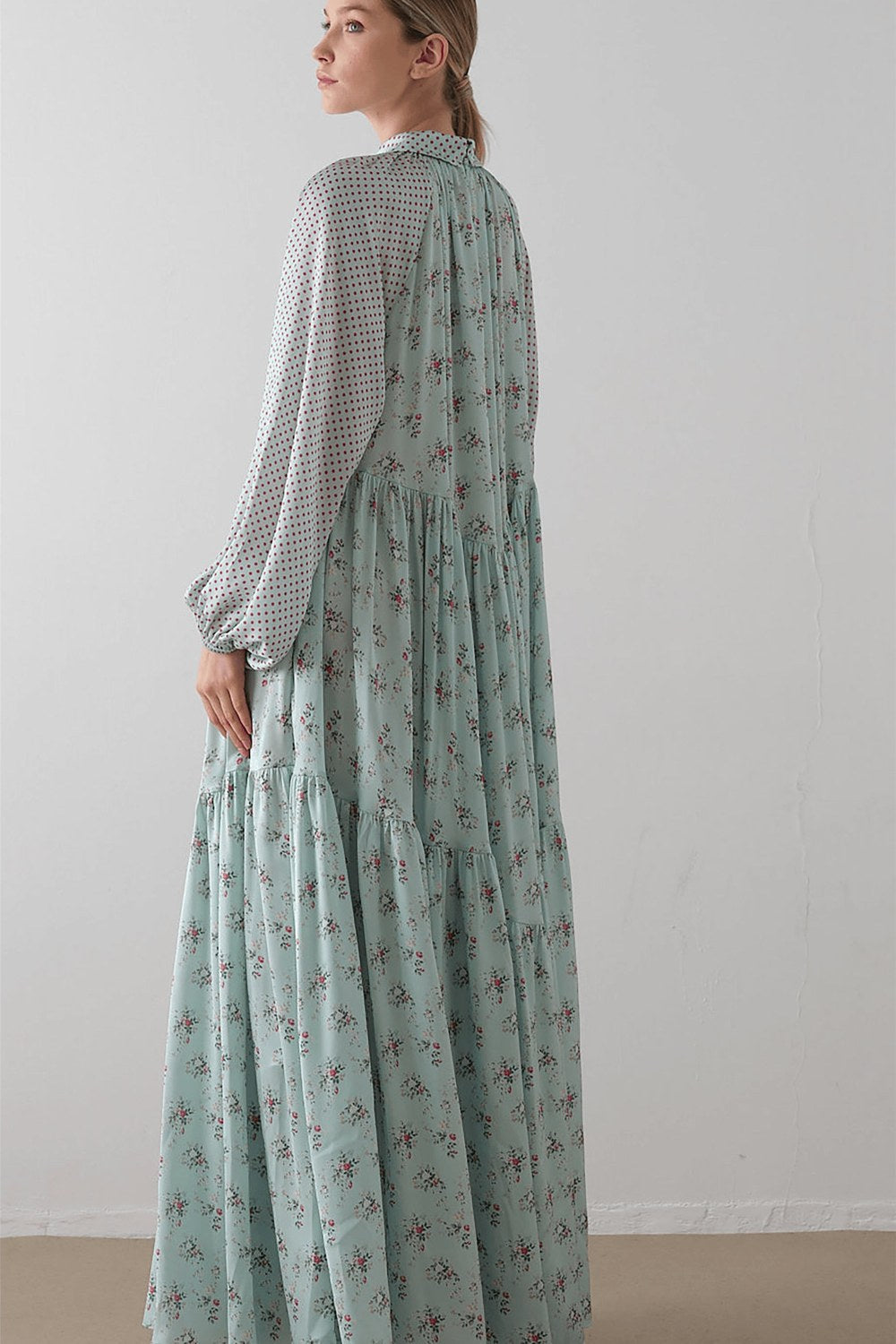 Mint Puantiye Desenli Şifon Saten Elbise - 5