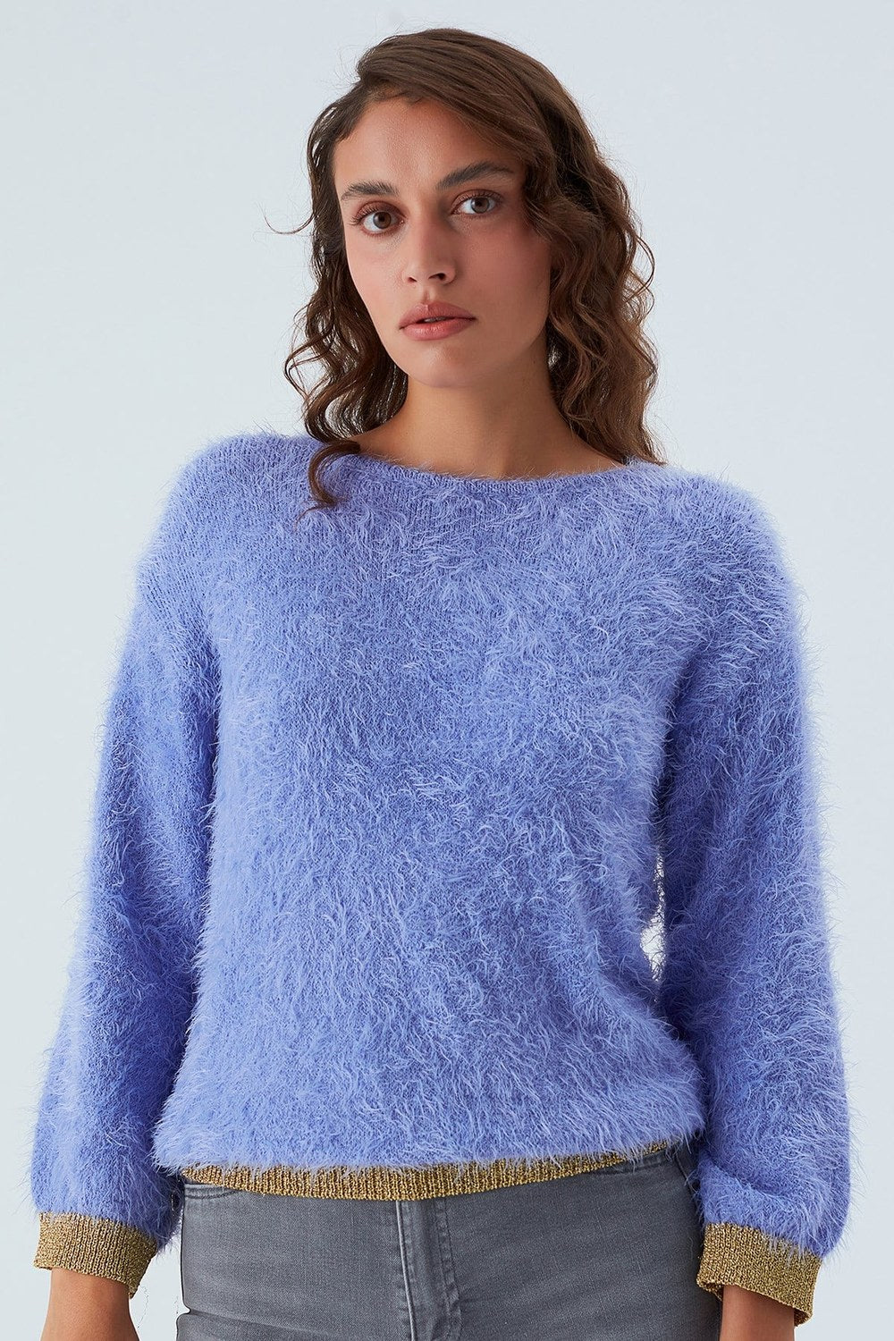 De Ville Pullover Kol Ve Etek Ucu Simli Kadın Triko Kazak - Lila - 0
