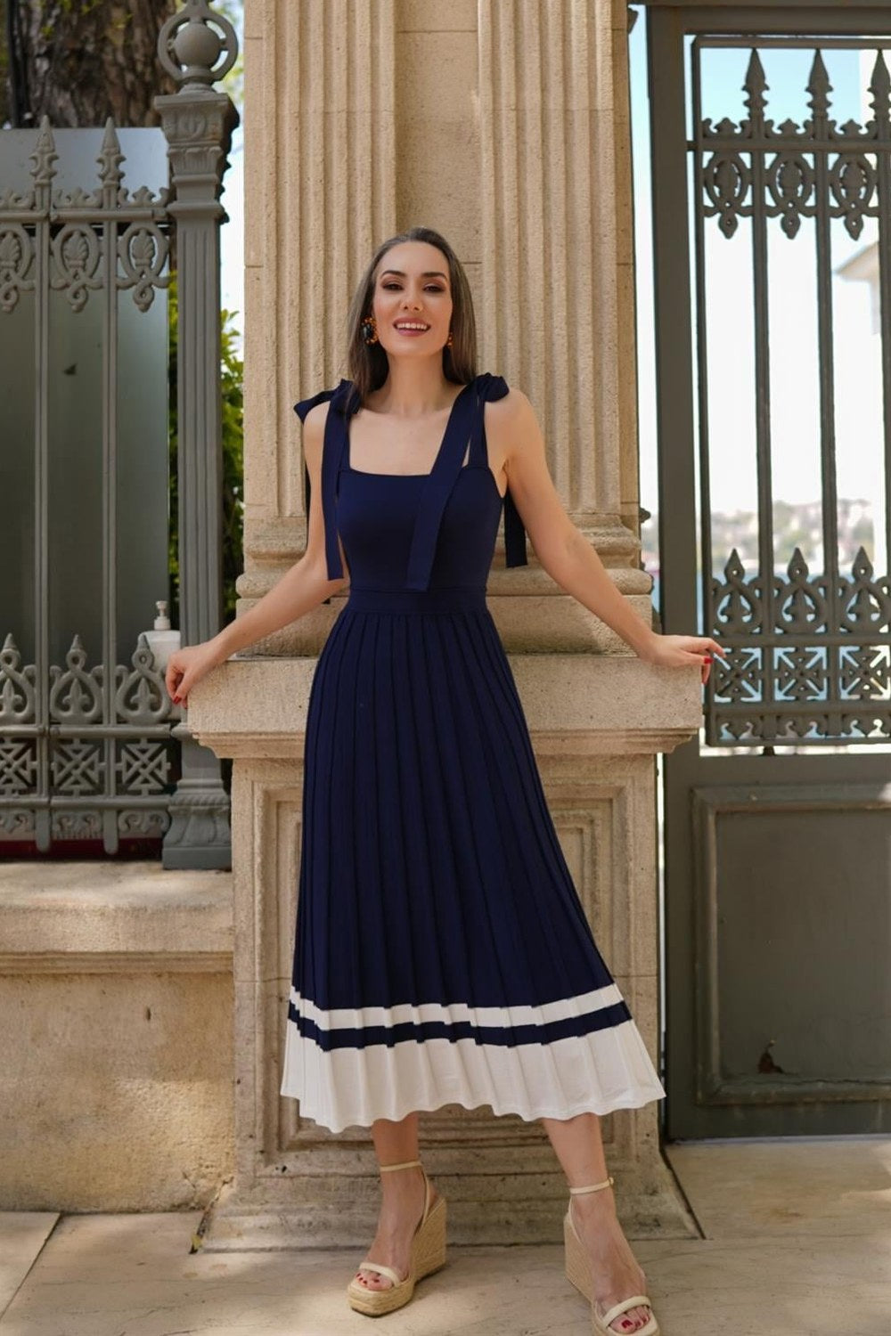 Styleboom X Kelly Dress Askılı Bağlama Detaylı Rahat Kesim Midi Boy Yazlık Kadın Triko Elbise - Lacivert - 0