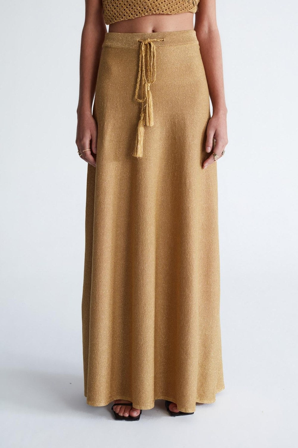 Styleboom X Marilyn Skirt Simli Maxi Boy Beli Bağcıklı Kadın Triko Etek - Altın - 0