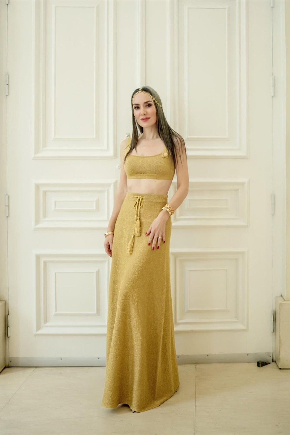 Styleboom X Marilyn Skirt Simli Maxi Boy Beli Bağcıklı Kadın Triko Etek - Altın - 1