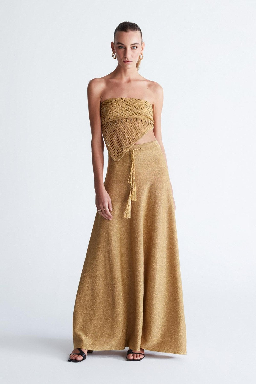 Styleboom X Marilyn Skirt Simli Maxi Boy Beli Bağcıklı Kadın Triko Etek - Altın - 4