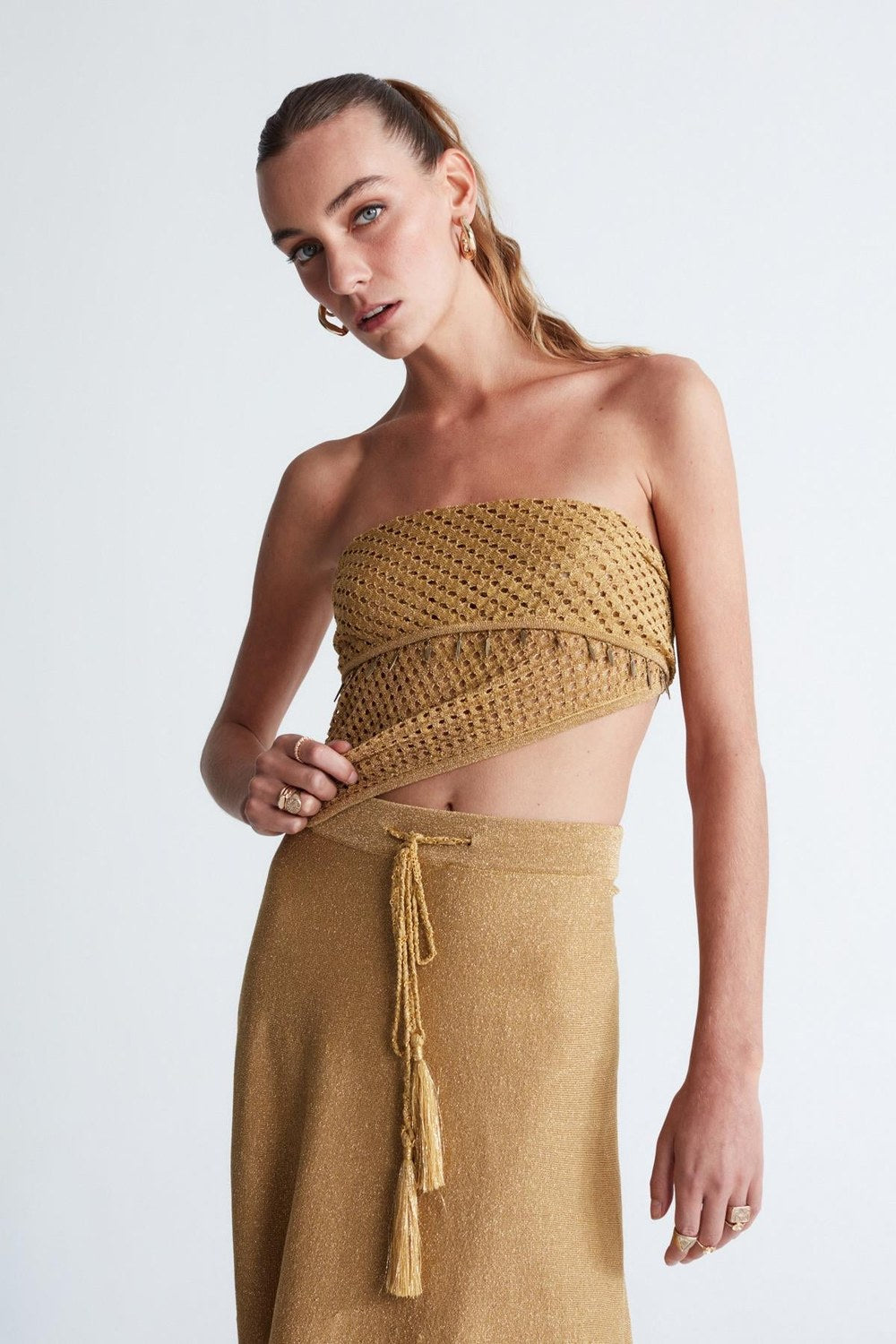 Styleboom X Marilyn Skirt Simli Maxi Boy Beli Bağcıklı Kadın Triko Etek - Altın - 5