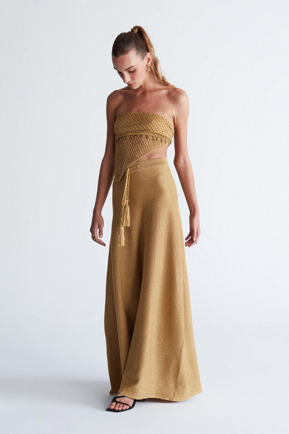Styleboom X Marilyn Skirt Simli Maxi Boy Beli Bağcıklı Kadın Triko Etek - Altın - 6