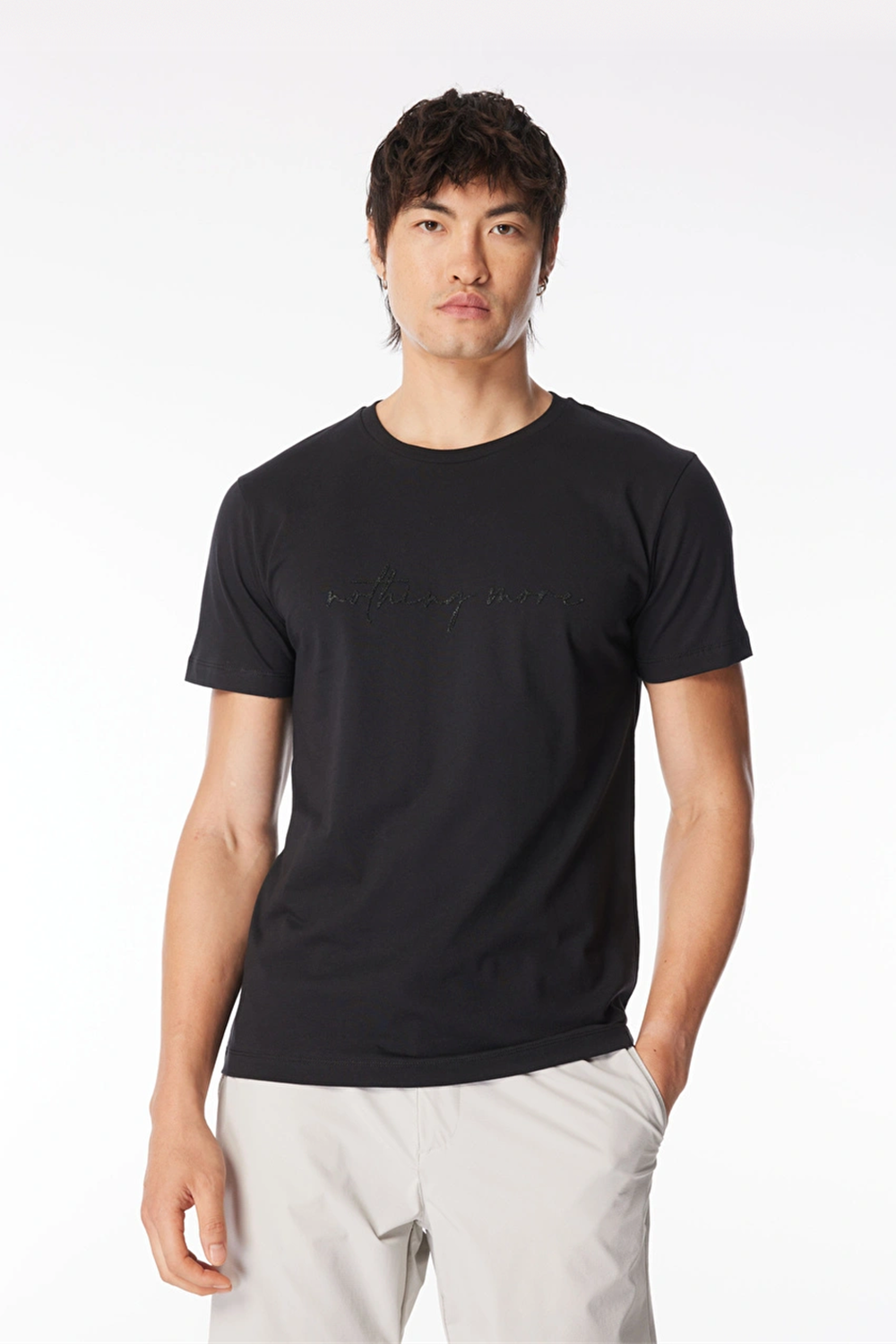 Bisiklet Yaka Önü Taşlı Yazılı %100 Pamuk Slim Fit Erkek T-Shirt - 1