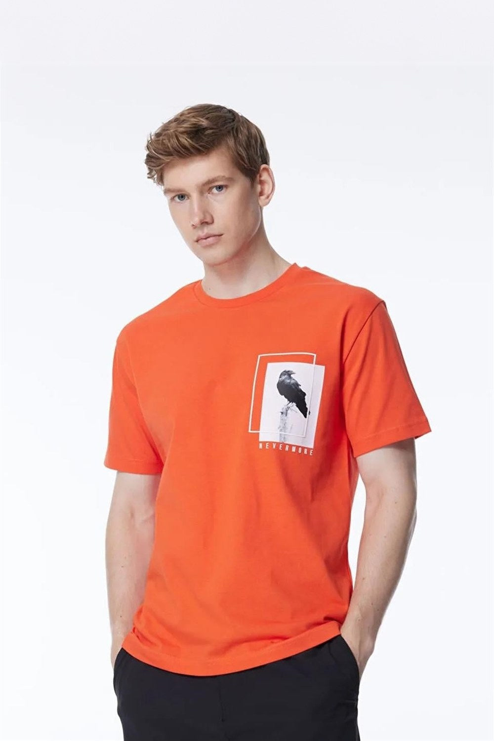 Bisiklet Yaka Göğsü Baskılı %100 Pamuk Oversize Erkek T-Shirt - 1