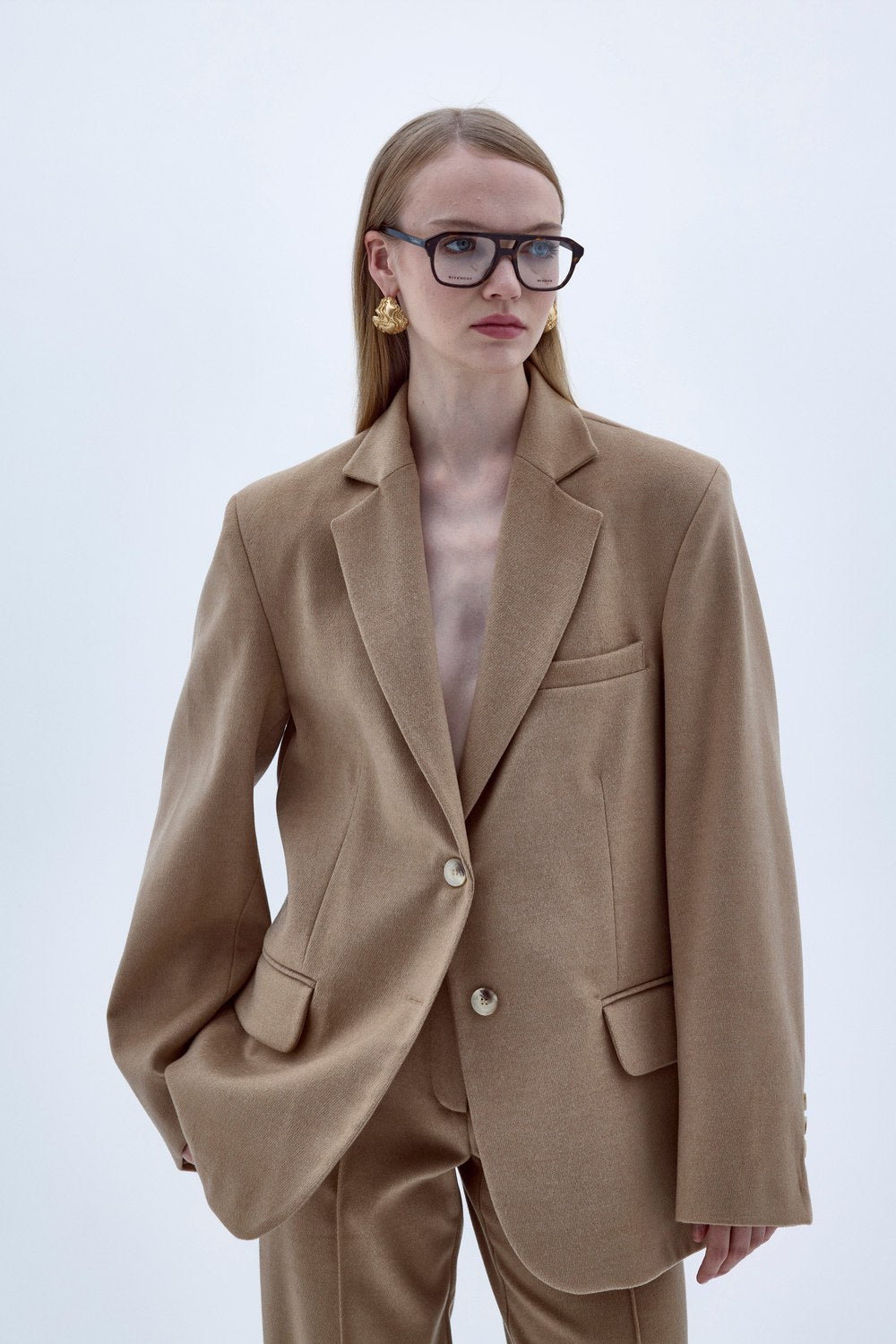 Boxy Yün Blazer Açık Kahverengi - 1