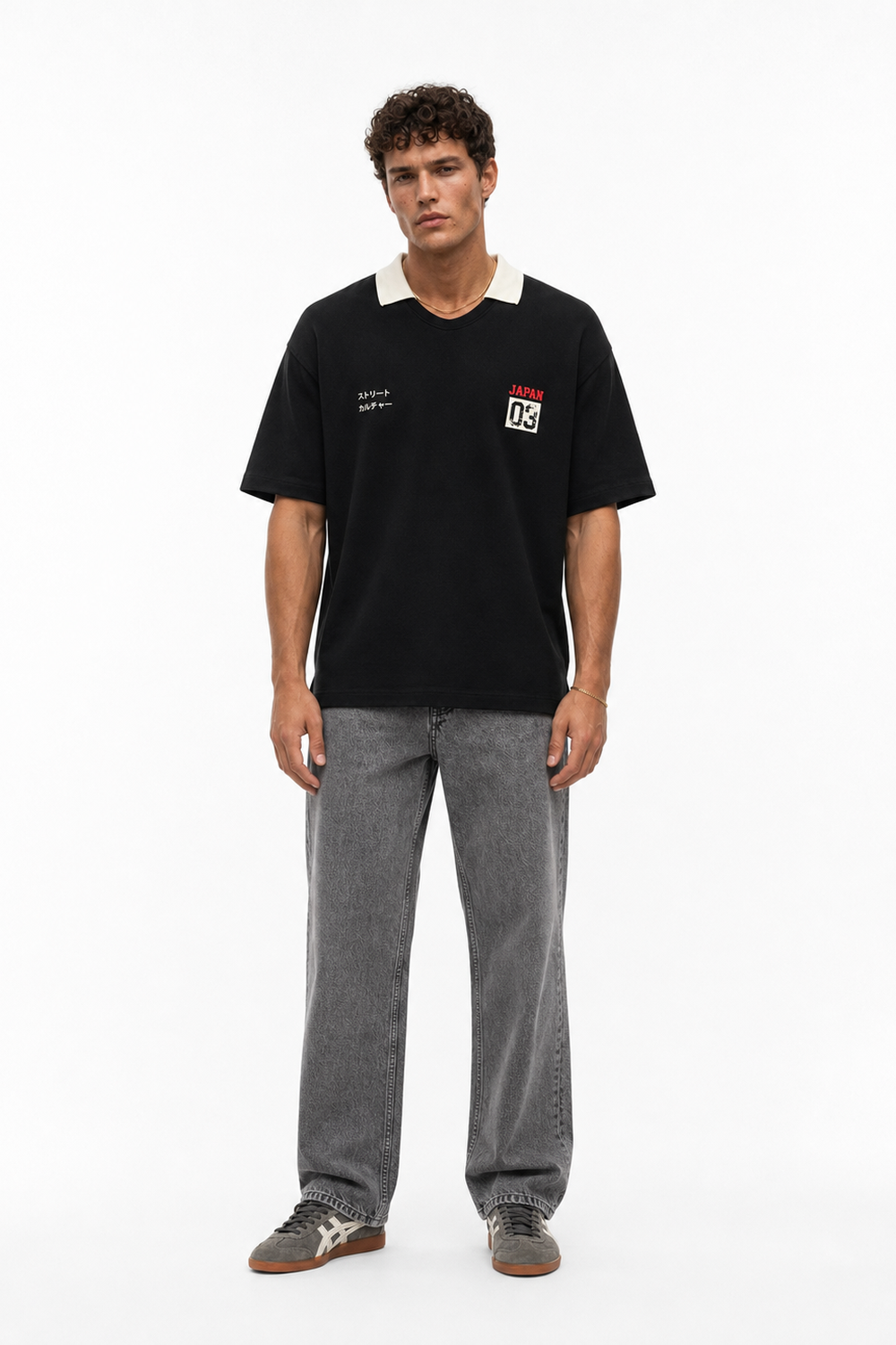 Erkek Yaka Detaylı Oversize T-Shirt Siyah - 1