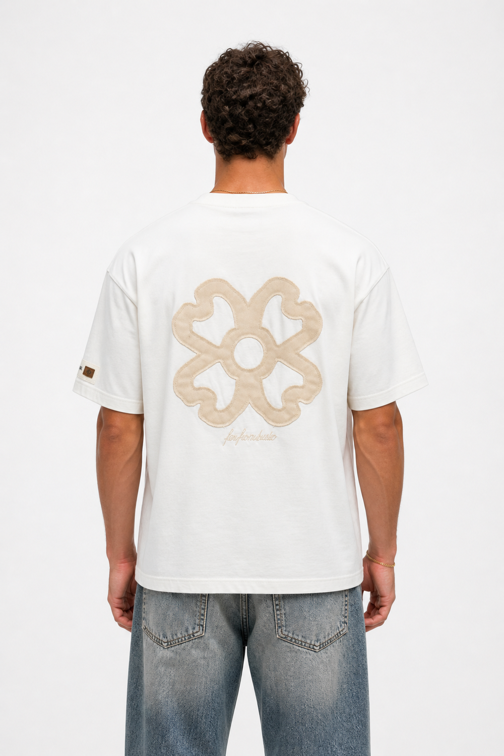 Erkek Nakış Detaylı Oversize T-Shirt Ekru - 0