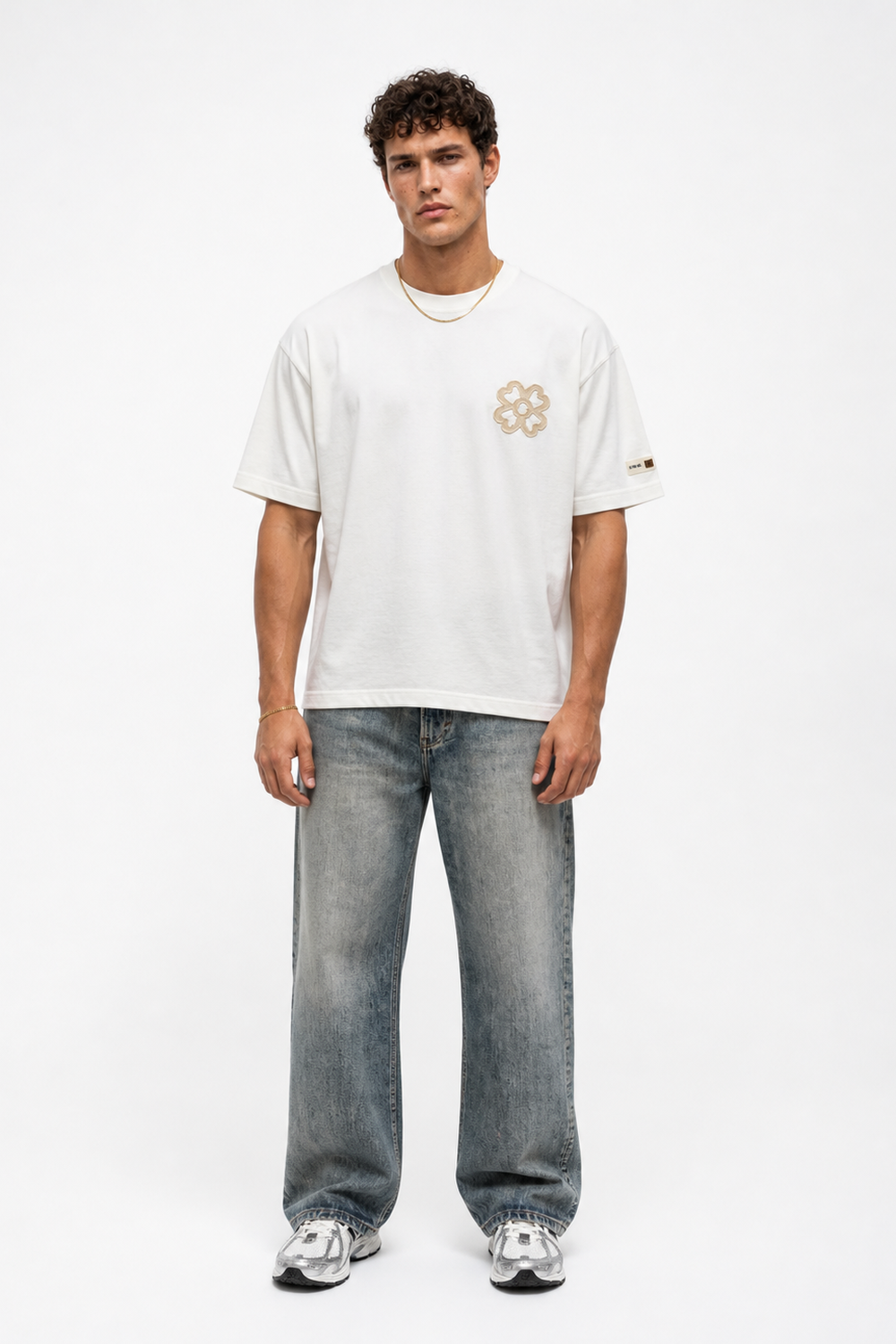 Erkek Nakış Detaylı Oversize T-Shirt Ekru - 1