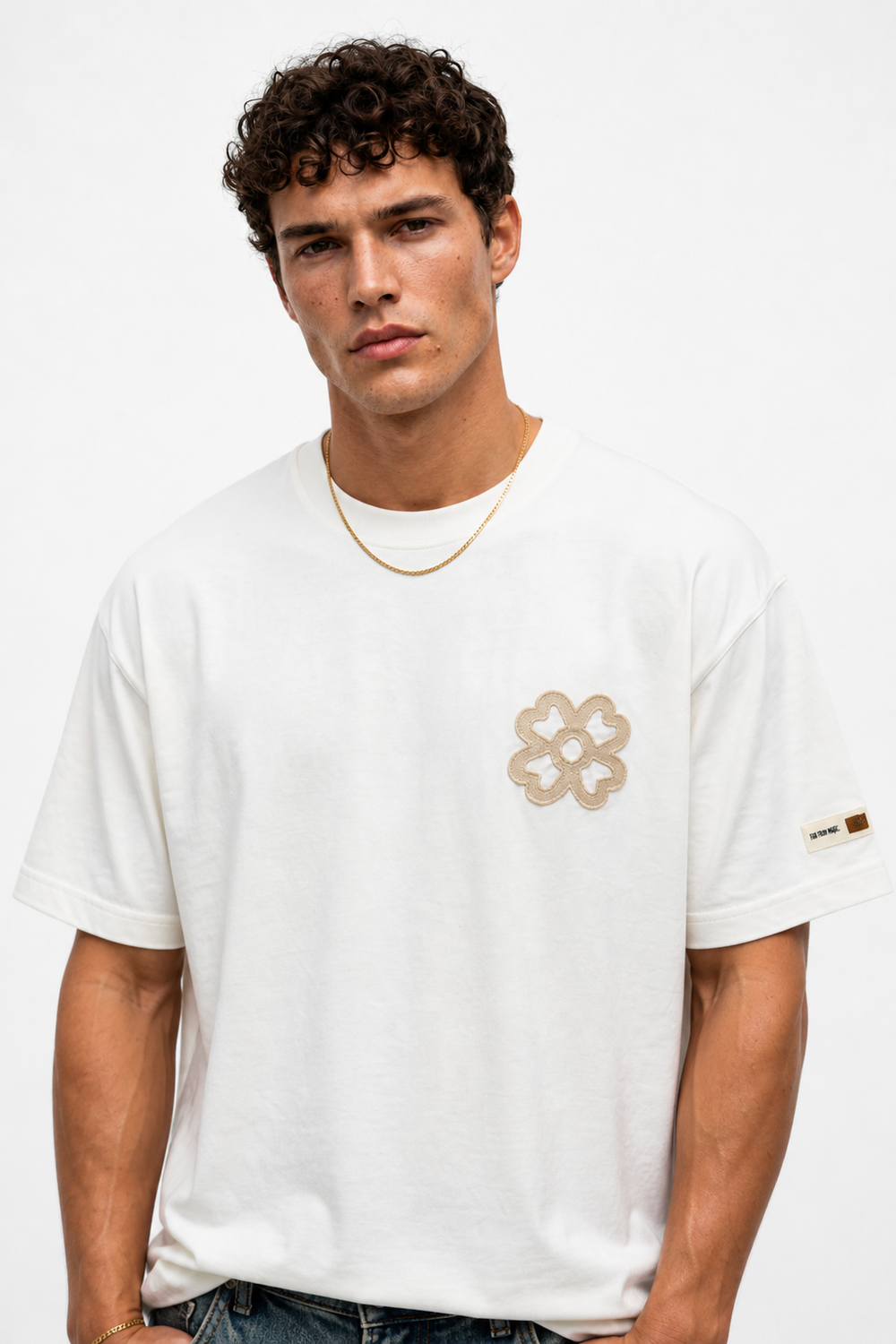 Erkek Nakış Detaylı Oversize T-Shirt Ekru - 2