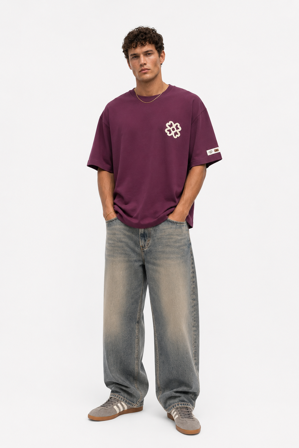 Erkek Nakış Detaylı Oversize T-Shirt Vişne - 3