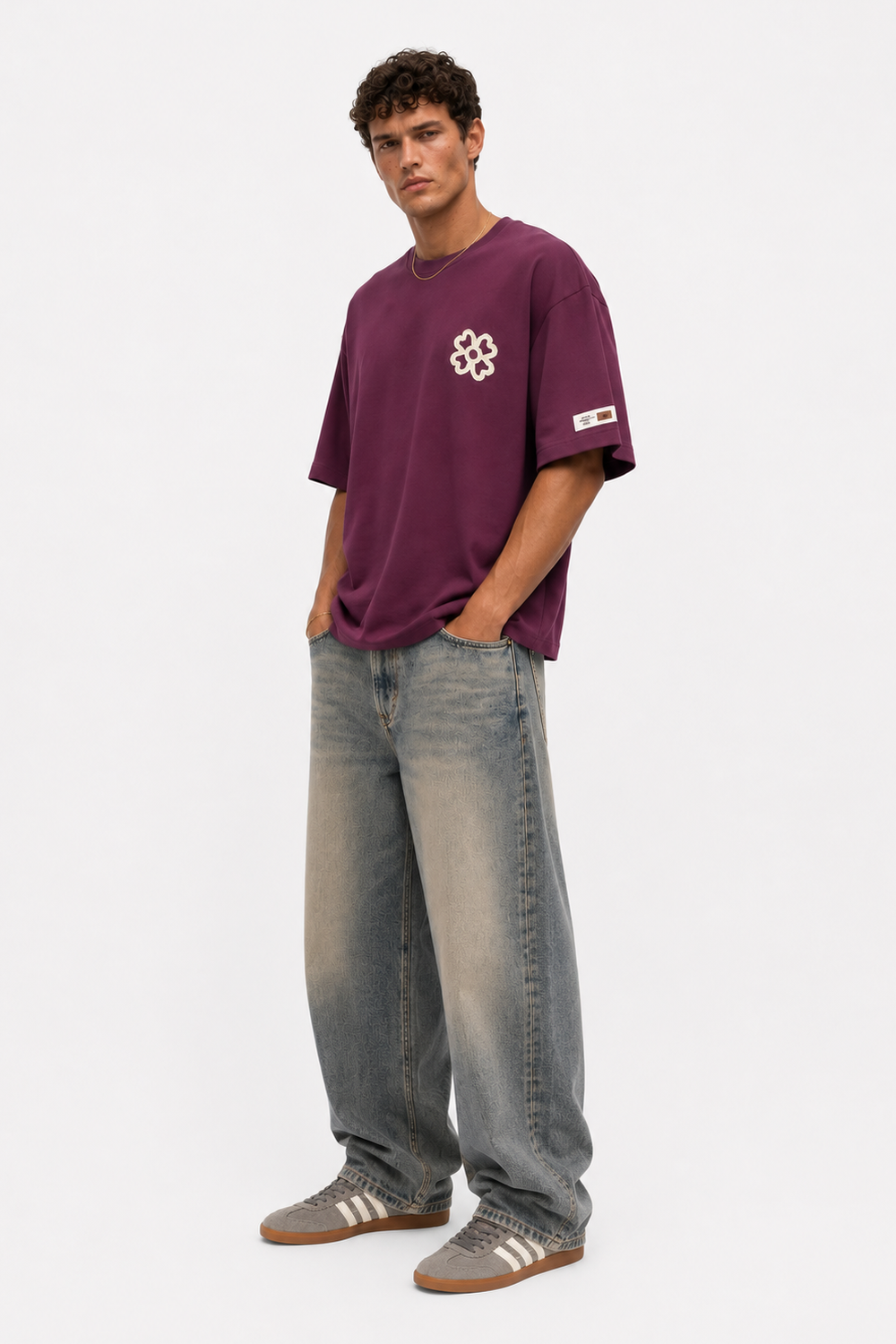 Erkek Nakış Detaylı Oversize T-Shirt Vişne - 4