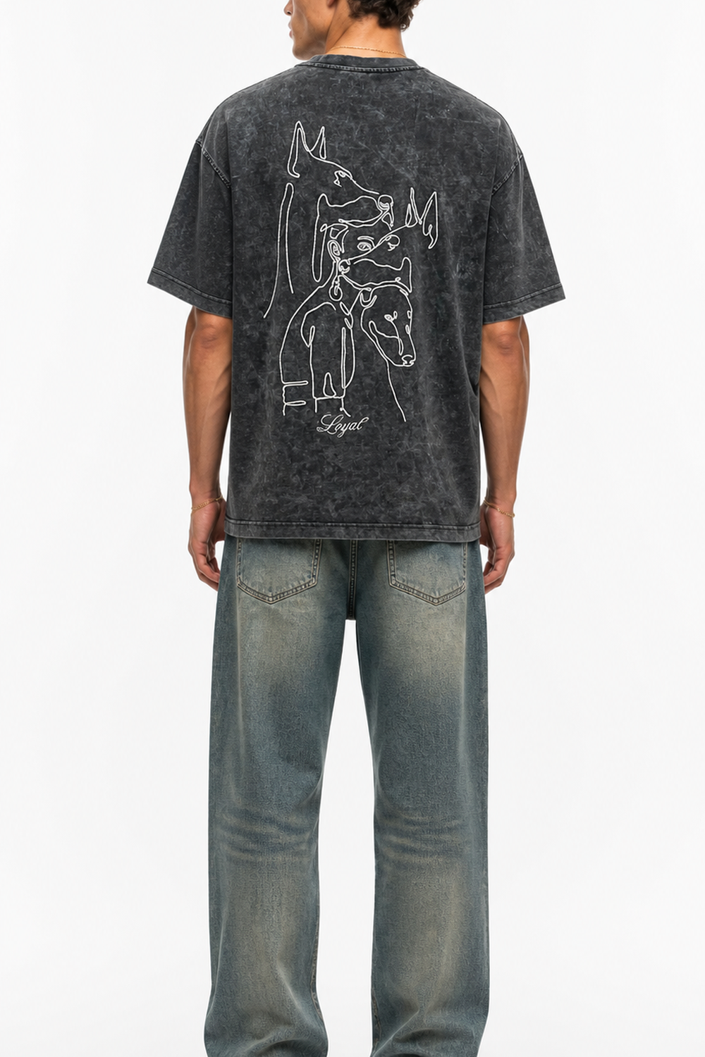 Erkek Nakış Detaylı Yıkamalı Oversize T-Shirt Siyah - 0