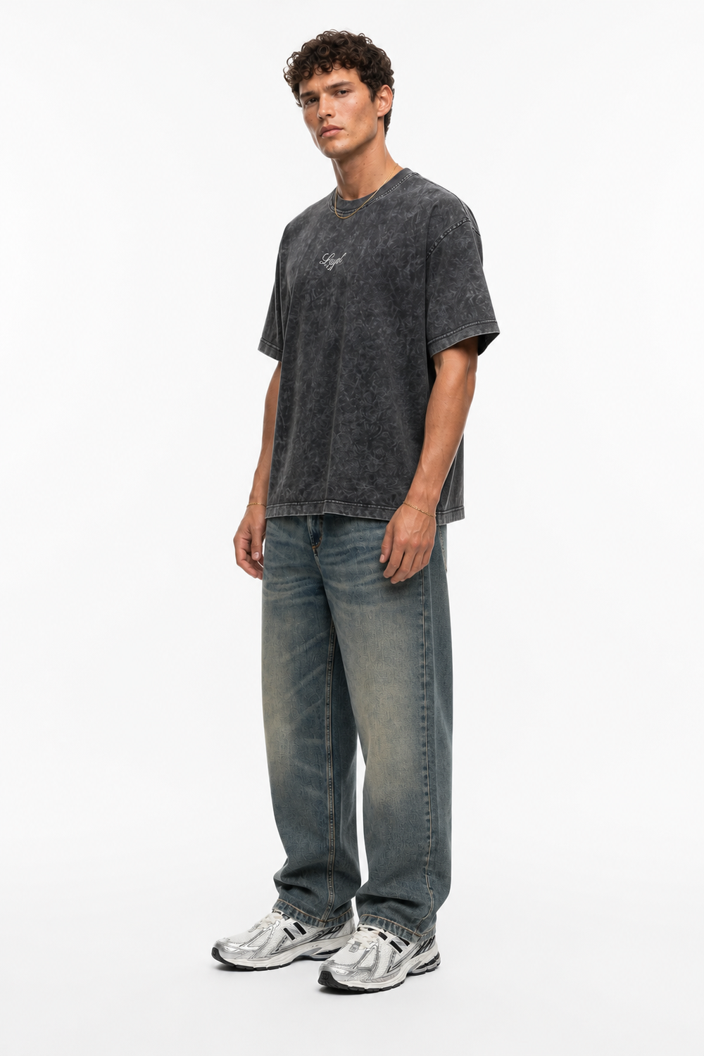 Erkek Nakış Detaylı Yıkamalı Oversize T-Shirt Siyah - 2