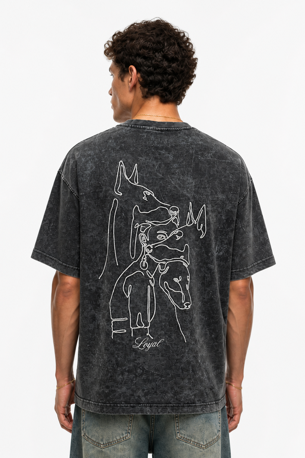 Erkek Nakış Detaylı Yıkamalı Oversize T-Shirt Siyah - 3