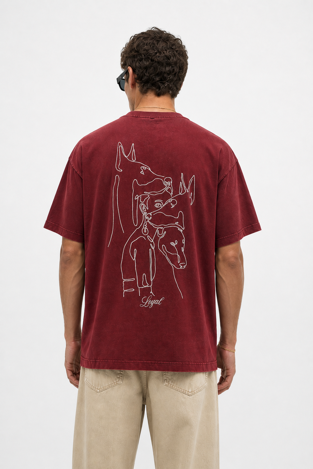 Erkek Nakış Detaylı Yıkamalı Oversize T-Shirt Bordo - 0
