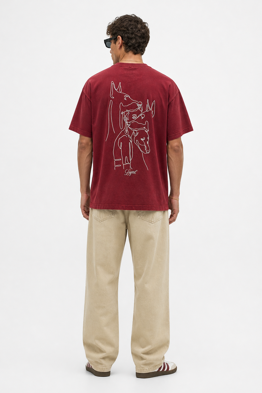 Erkek Nakış Detaylı Yıkamalı Oversize T-Shirt Bordo - 3