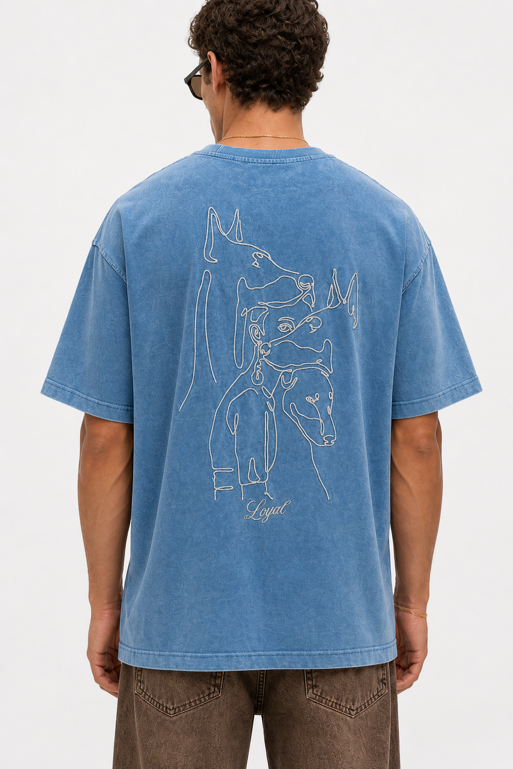 Erkek Nakış Detaylı Yıkamalı Oversize T-Shirt Mavi - 0
