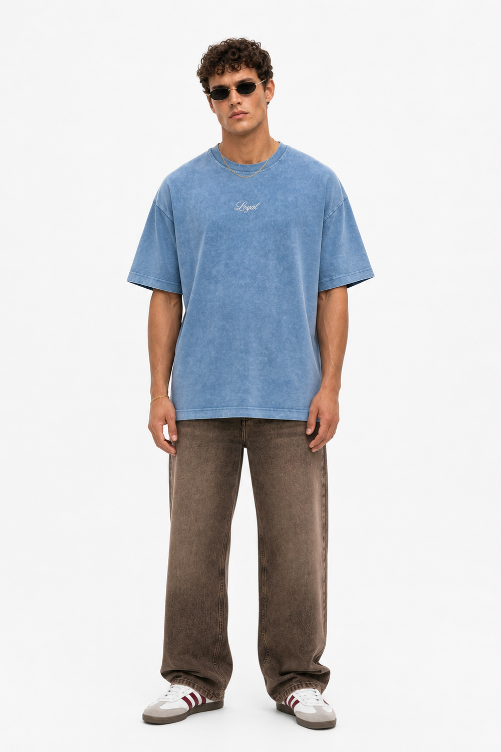 Erkek Nakış Detaylı Yıkamalı Oversize T-Shirt Mavi - 1
