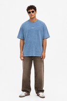 Erkek Nakış Detaylı Yıkamalı Oversize T-Shirt Mavi - 1