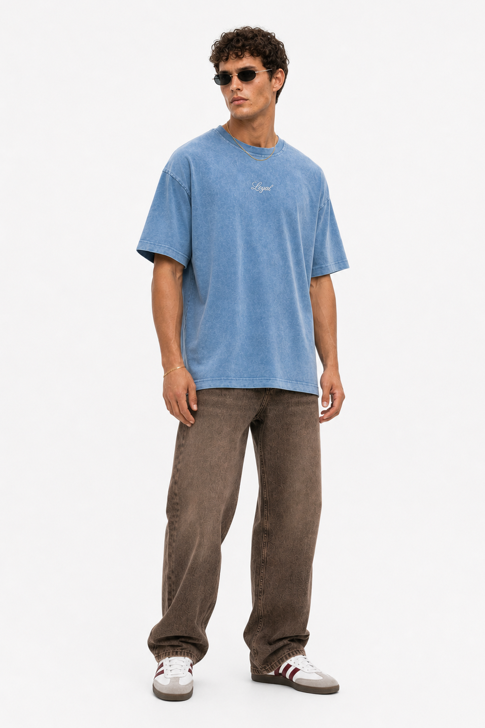 Erkek Nakış Detaylı Yıkamalı Oversize T-Shirt Mavi - 2
