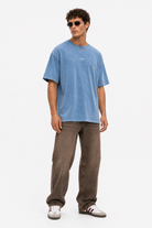 Erkek Nakış Detaylı Yıkamalı Oversize T-Shirt Mavi - 2