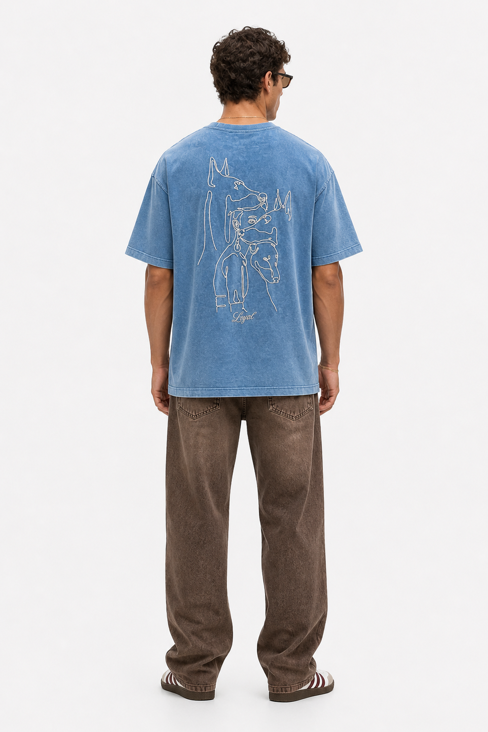 Erkek Nakış Detaylı Yıkamalı Oversize T-Shirt Mavi - 3