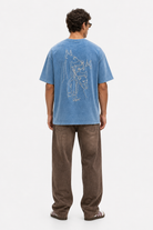 Erkek Nakış Detaylı Yıkamalı Oversize T-Shirt Mavi - 3